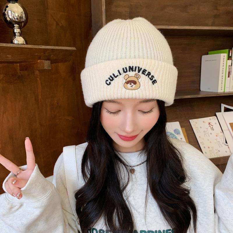 Korean Version of Wool Hat for Women In Winter Windproof and Warm Knitted Hat Cute Bear Letter Autumn and Winter Student Pullover Hat Trend