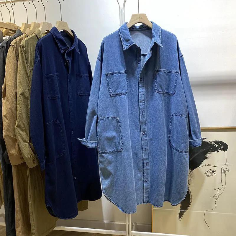 Women's Fall Korean-Style Plus Size Polo Collar Long-Sleeve Causal Mid-Length Denim Shirt