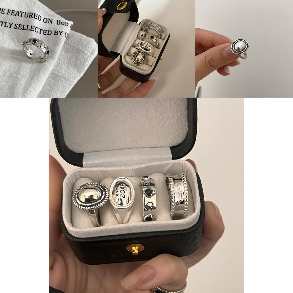 Open Trendy Adjustable Geometric Ring Design With Vintage Heart And Black Zircon For Women