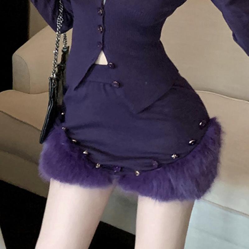 

Women s sweet and spicy fluffy splicing knitted top hip skirt set M
