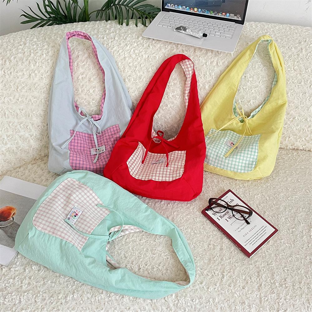 Plaid Candy Color Double Sided Women's Shoulder Bags Sweet Strap Bow Ladies Handbags Large Capacity Portable Female Underarm Bag