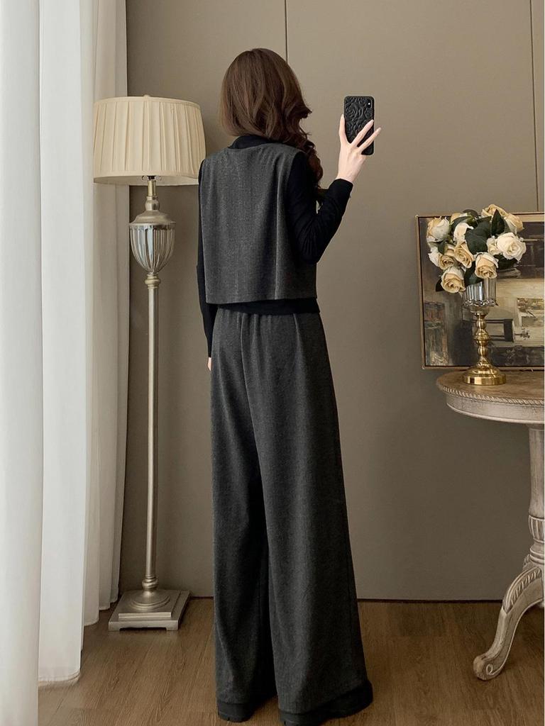 2025 French Retro Three-Piece Women's Suit: Autumn/Winter Vest, Top & Wide-Leg Pants