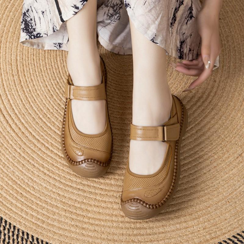 Johnature Boty z pravé kůže s měkkou podrážkou, ploché, retro, s kulatou špičkou, mělké, všestranné, pohodlné dámské boty