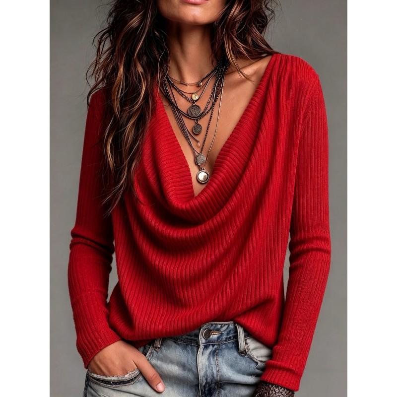Womens Loose Fit Knit Sweater V-neck Long Sleeve Casual Top Versatile Basic Inner Wear 2026