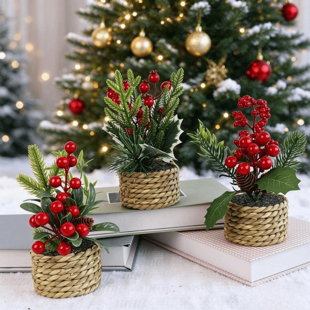 Faux Artificial Christmas Plant Woven Basket Mini Potted Plant Christmas Decor