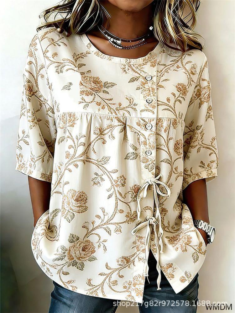 European and American summer new women's tops, shirts, geometric printing buttons, drawstrings, half-sleeved tops, T-shirts, women's clothing
