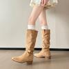 [New Products In Autumn and Winter] Pleated Stacking Boots Thick Heel V-mouth Thin and Versatile Medium Tube American Retro Western Cowboy Boots