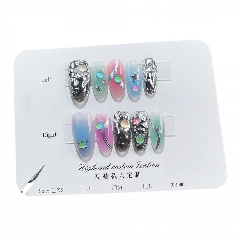 Handmade Press-On Nails Women Sweet Edgy Contrast Color 3D Embossed Oval Nail Tips In XS S M Sizes