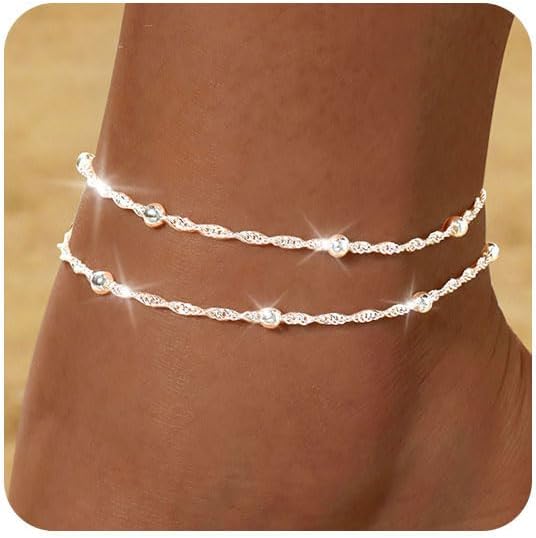

Waterproof Gold Silver Ankle Bracelets for Women 14K Gold Plated Stainless Steel Double Layered Twist Beaded Anklets for Girls