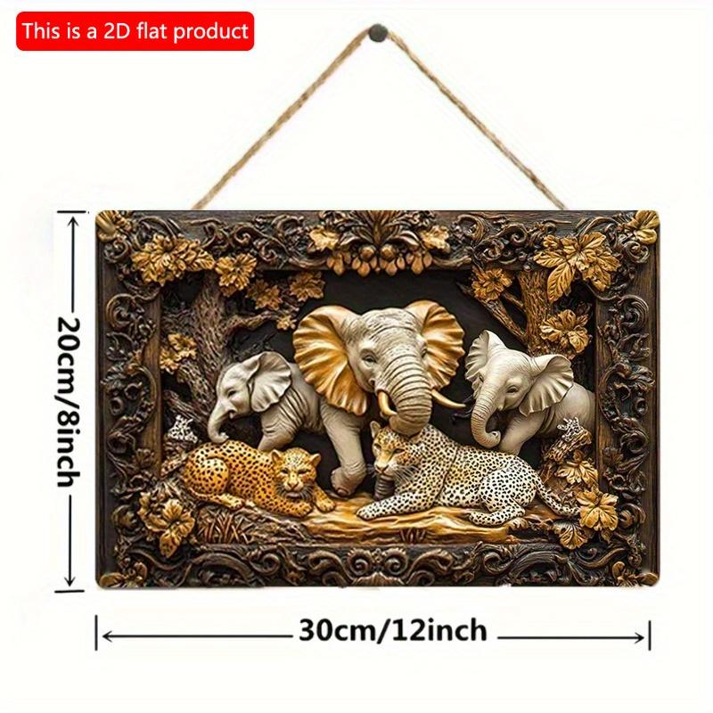 2D Flat Wooden Sign 30*20cm Vintage Elephant & Leopard Jungle Scene Wooden Wall Art, Decorative Sign for Home, Office, or Outdoor Decor, Perfect Room