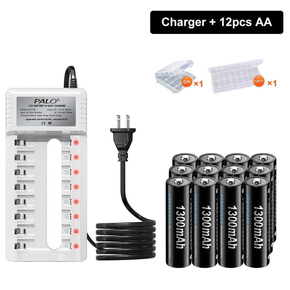 PALO 1.2V AA Ni-MH Battery 1300mah +AAA Rechargeable Batteries 600mah for Toy alarm clock with 8 slots Smart 2A 3A Battery Charger