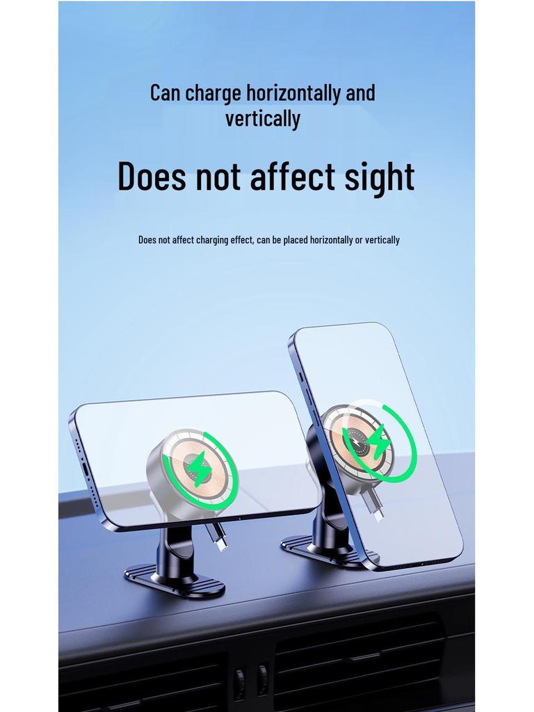 Magnetic Car Phone Holder with 15W Wireless Charger & Retractable Line, Rotating Stable Design