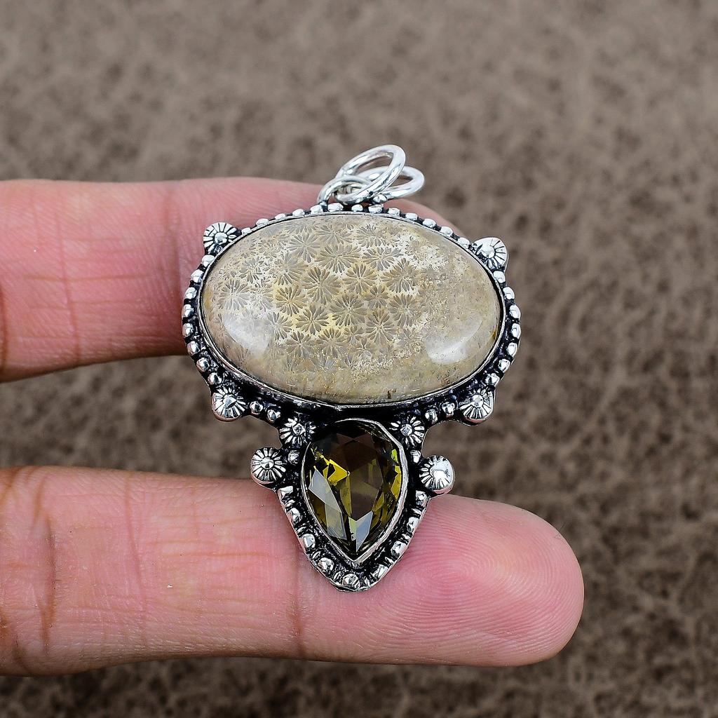 Fossil Coral, Topaz Gemstone 925 Sterling Silver Jewelry Pendant 2.01" KKG-335