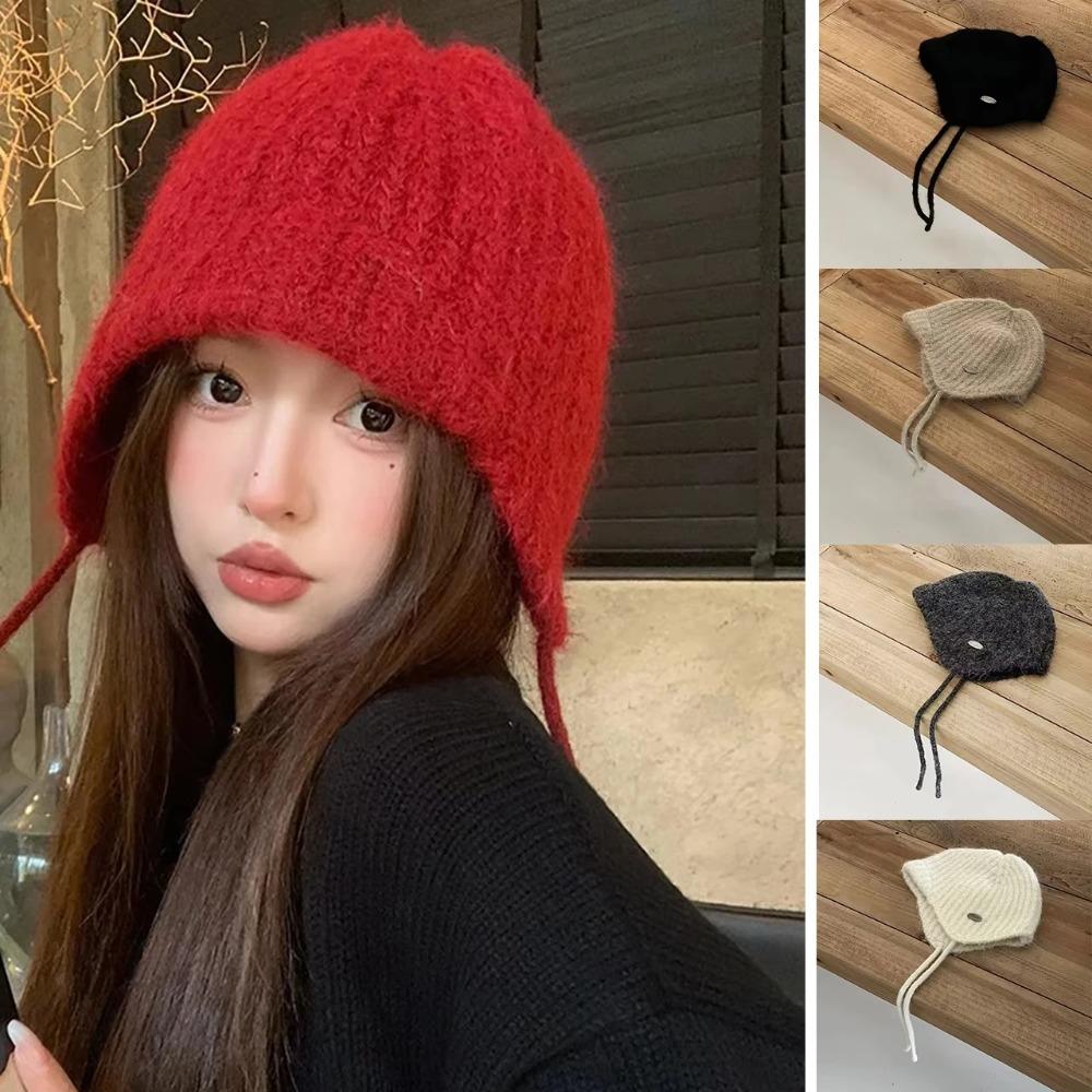 Ear Protection Knitted Earmuffs Hat Lace-up Strap Beanies Sweet Knitted Hat Winter