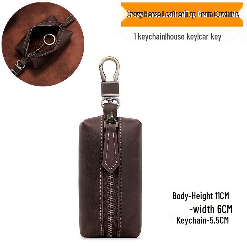 Vintage Crazy Horse Leather Key Case with Zipper and Hanging Buckle, Genuine Retro Cowhide.