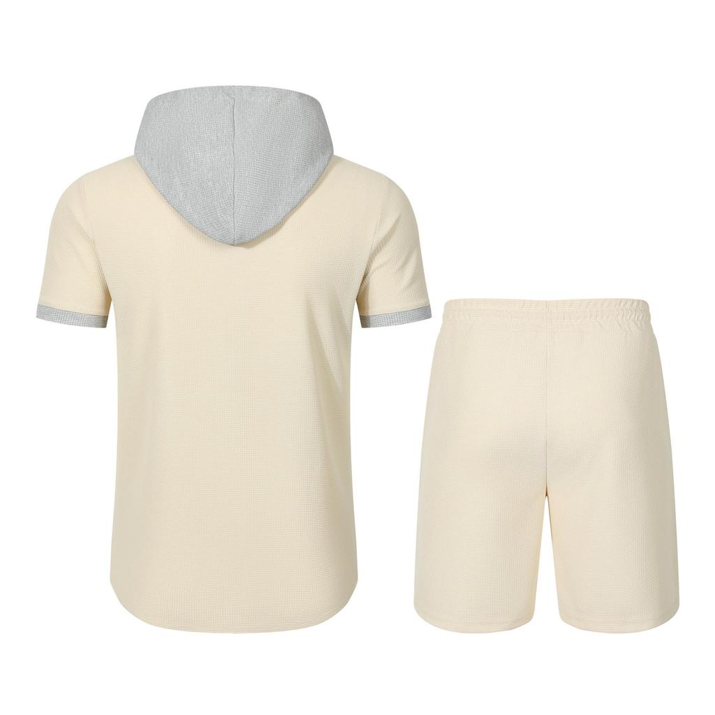 Men's Color Block Hooded Short Sleeve Cardigan Jacket and Shorts Set for Summer