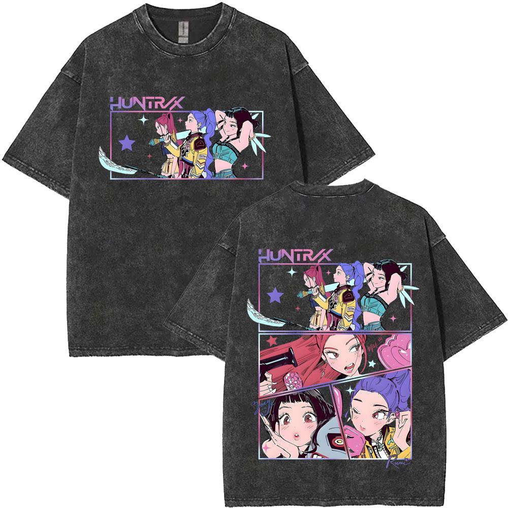 Women K-pop Saja Boys Demon Hunters Film Graphic T Shirts Women Harajuku Vintage Washed Oversized Cotton T-shirt