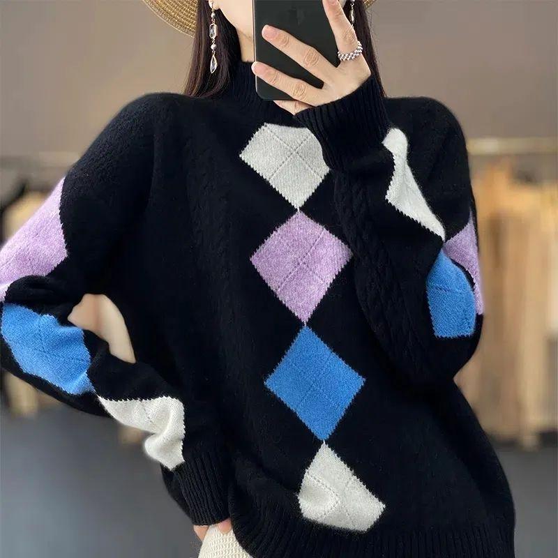 

Женский осенне-зимний модный свитер жаккардового дизайна, свободный женский полувысокий воротник, длинный рукав, трикотажный топ для женщин 3XL