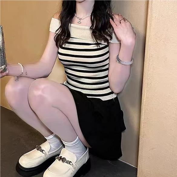 Striped Off Shoulder Sweater For Women With Slim Fit Short Sleeve Knit Top
