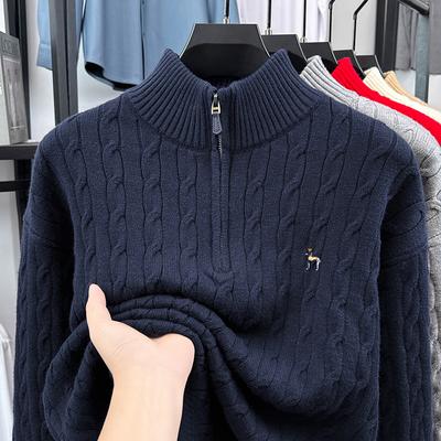 Exquisite Dog Embroid Men's Half Zipper Hoodie Knitwear Winter Old Money Style Thicken Warm Commute Luxury Business Menswear