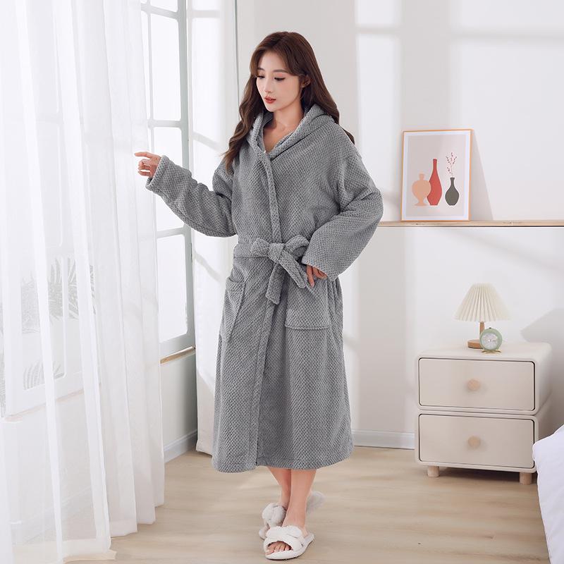 Four Seasons Merbau Hooded Coral Fleece Bathrobe: Thick, Wearable Bath Towel with Cross Tie and Long Sleeves.