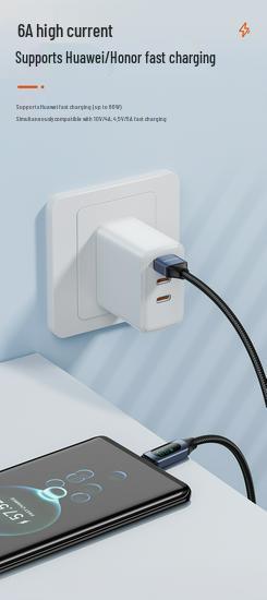 Toocki 66W Fast Charging USB-C Cable with Digital Display for Huawei, Honor, and Xiaomi.