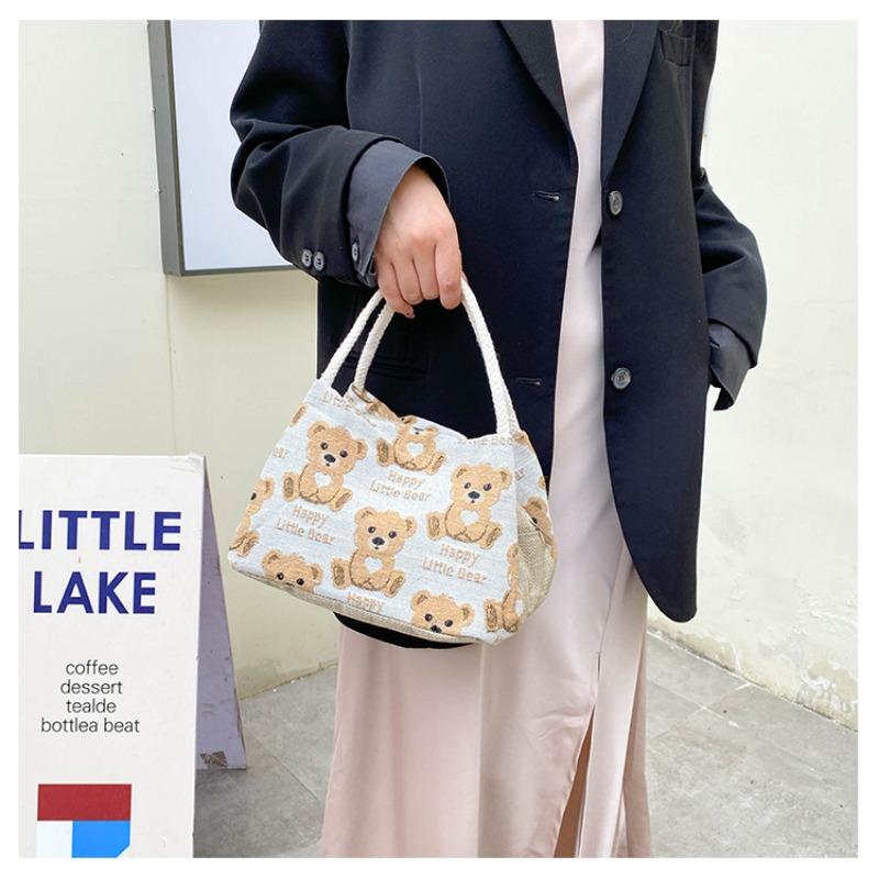 Linen Handbag Women New Cute Cartoon Bear Lunch Box Fresh Artistic Student Tutoring Bag