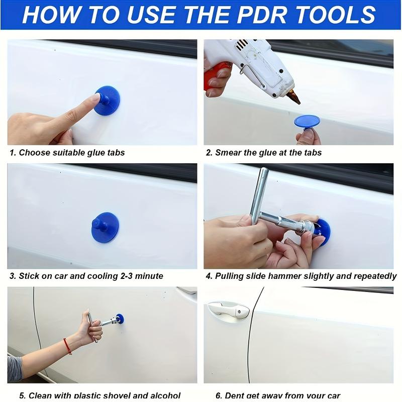 1SET Car Dent Repair Tool, Silver T-Handle with 36 Blue Car Dent Drawrings, Affordable, Rugged, Industrial Quality
