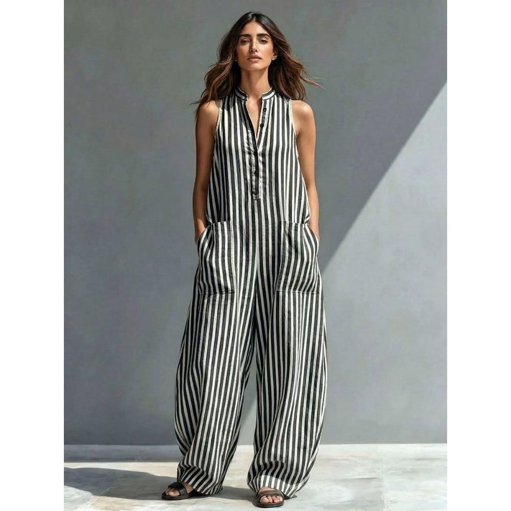women s Sleeveless Striped Jumpsuit Stand Collar Wide Leg Loose Casual Romper with Pockets S чёрный