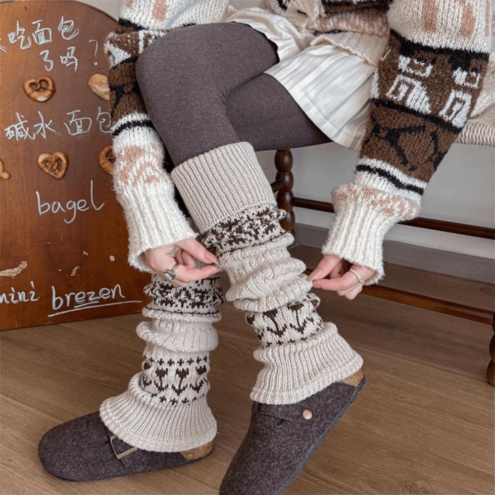 Fair Isle Style Calf Socks Cashmere Blend Leg Cuffs Slouch Leg Warmers Autumn Winter Wear