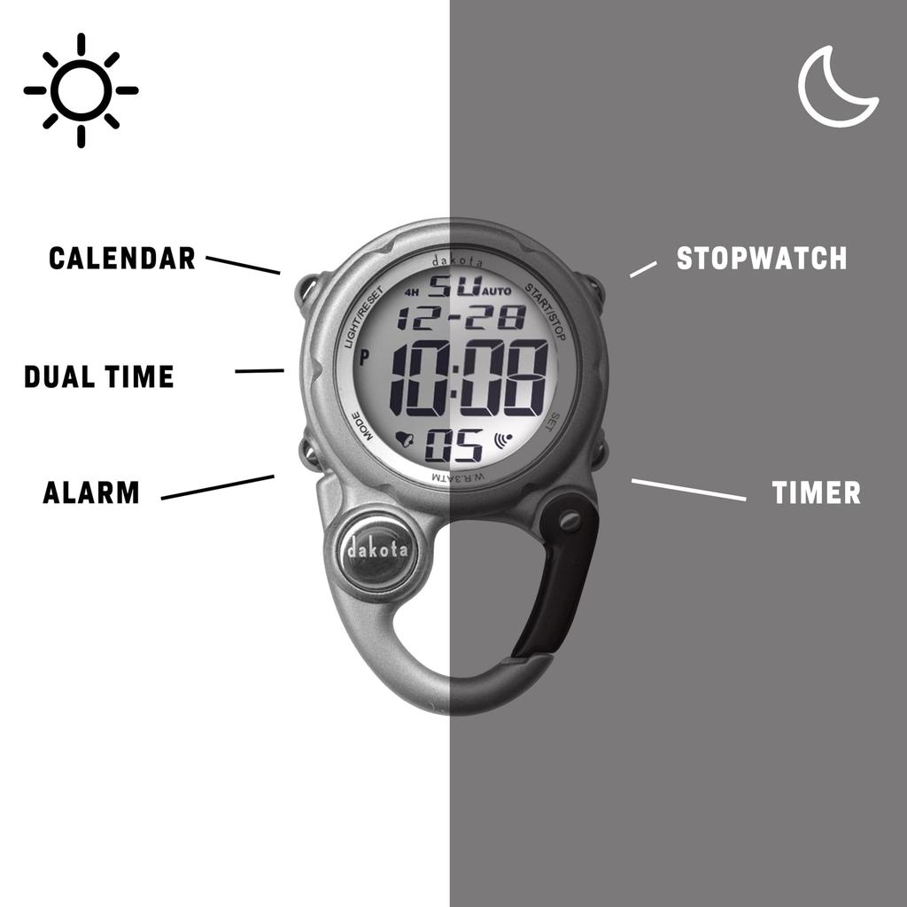 Dakota Digital Mini Clip Pocket Watch with Waterproof and Perfect for Outdoor Activities Like and with and Alarm Carabiner, Lightweight, Camping,
