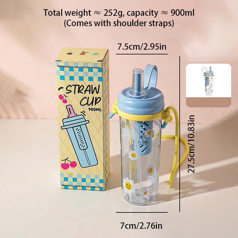 Summer Sports Plastic Water Cup Going Out Portable Student Straw Cup Cartoon Printed Small Fresh Water Cup For Home 900ml