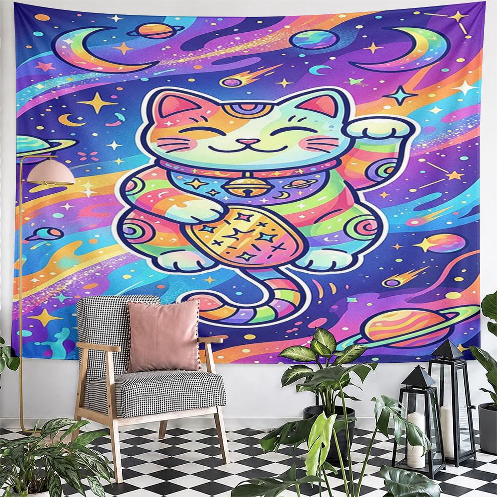 Cosmic Lucky Cat Tapestry Design Pattern Wall Hanging Tapestry Decorative Tapestry Home Decor for Bedroom and Living Room