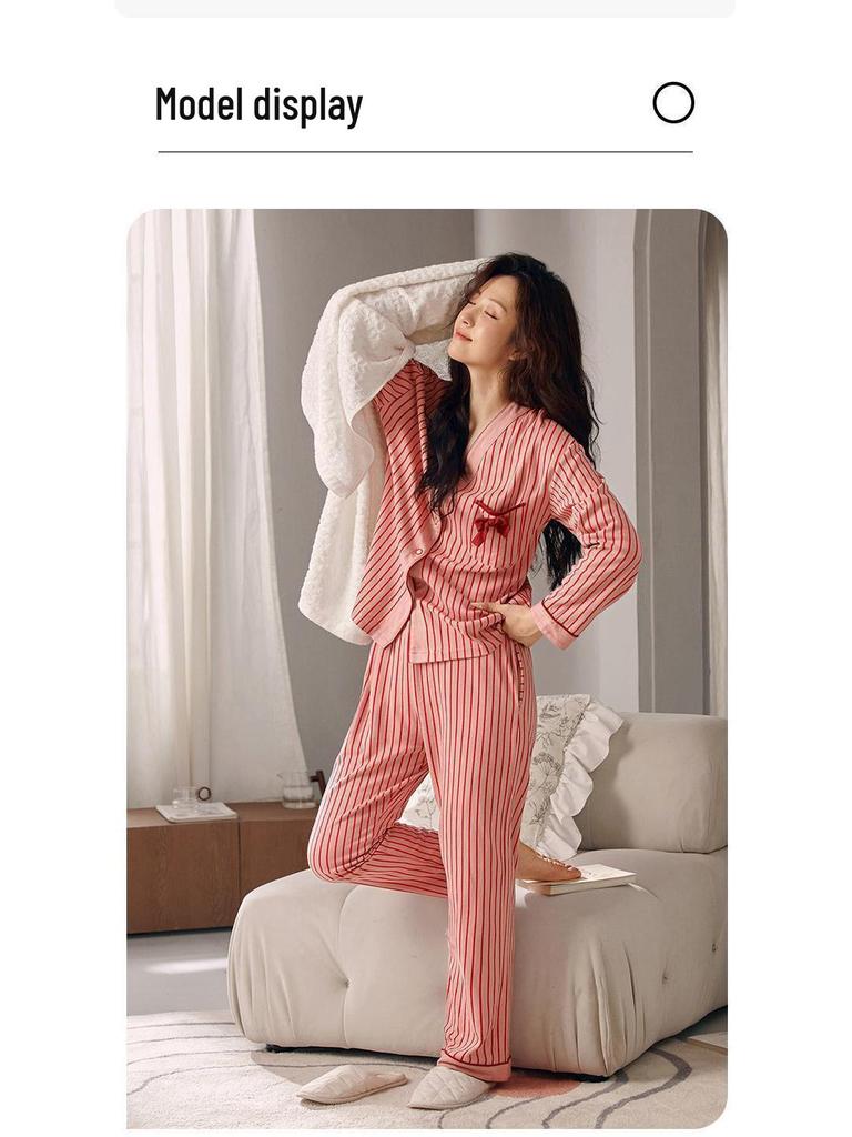 Women's Plus Size Striped Pajama Set with Chest Pads - Long Sleeve & Pants, Korean Style Cardigan for Indoor & Outdoor Wear, Spring/Autumn