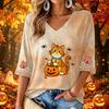 Women's Casual V-Neck Halloween Print Three-Quarter Sleeve Blouse for Halloween Party