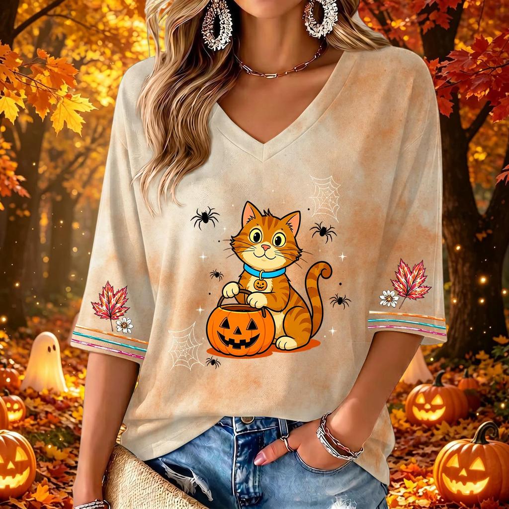 Women's Casual V-Neck Halloween Print Three-Quarter Sleeve Blouse for Halloween Party
