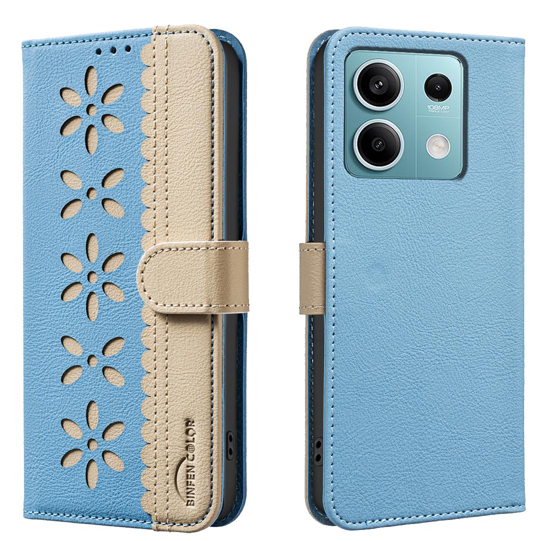 

For Xiaomi Redmi Note 13 5G Leather Case BINFEN COLOR BF36 Floral Pattern Phone Cover RFID Blocking Wallet Stand Baby Blue
