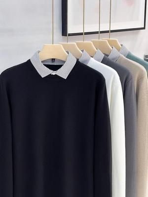 Men's High-End Faux Two-Piece Striped Sweater with Shirt Collar - Versatile Knit Base Layer for Autumn/Winter.