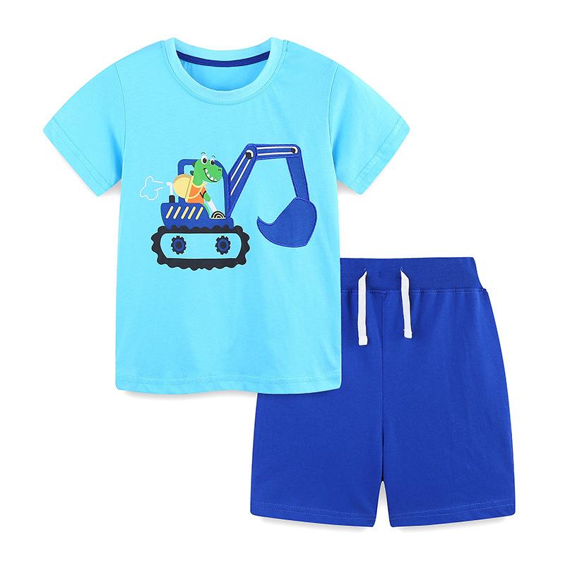Children s suit Summer cartoon excavator printed children s short-sleeved suit Knitted cotton shorts two-piece set 2Y(90cm)