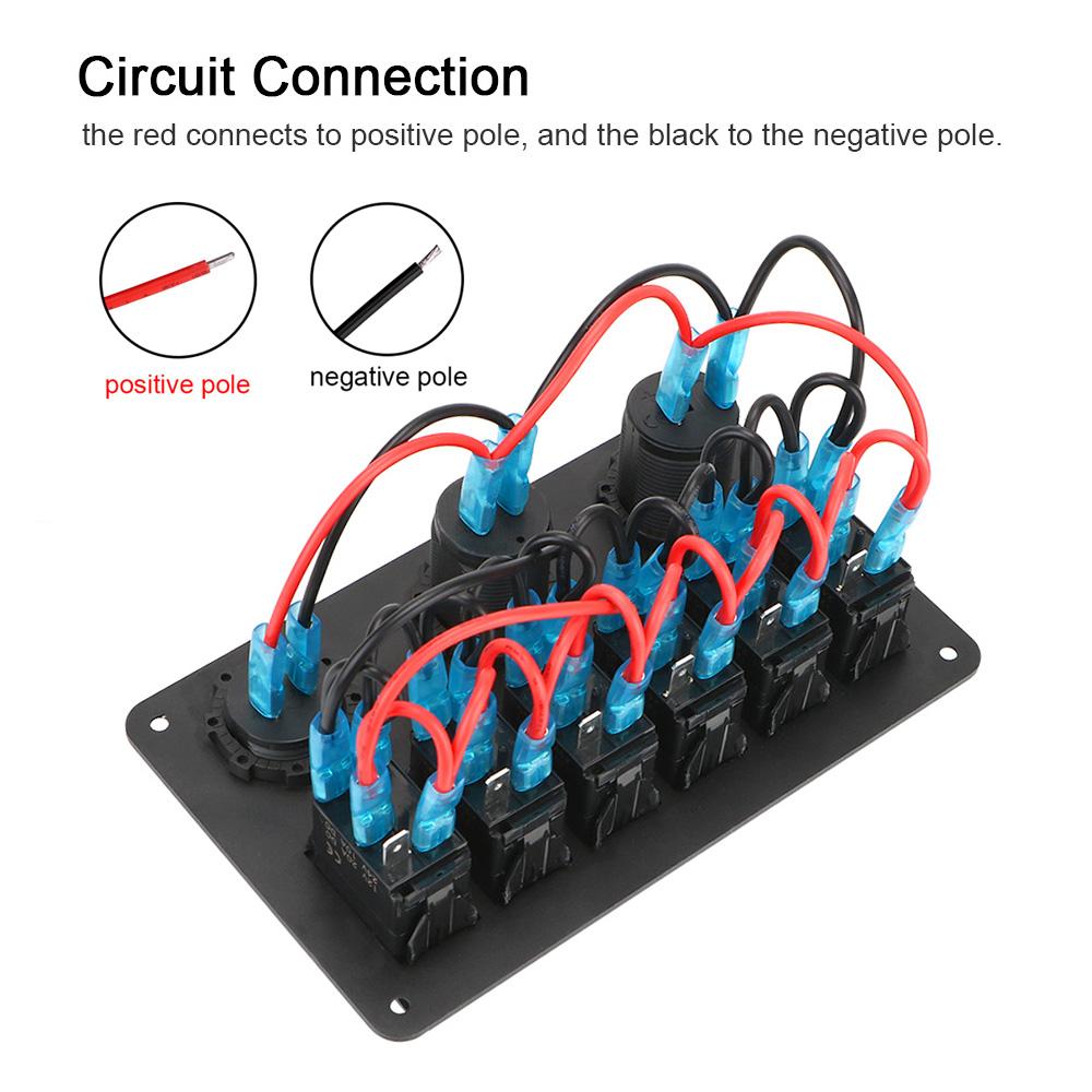 6 Gang Rocker Switch Panel Waterproof DC 12V/24V Dual USB Ports Car Marine Circuit Breaker ON/OFF Lights LED Digital Voltmeter