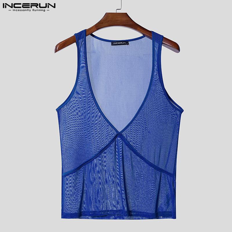 INCERUN Men Deep V Neck Sleeveless See Through Mesh Sheer Tank Tops