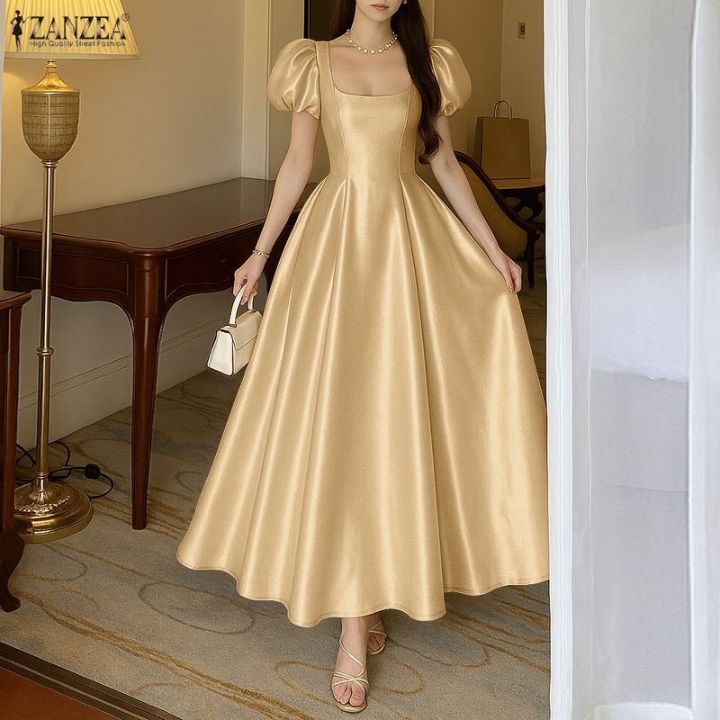 ZANZEA Women Casual Square Collar Summer Short Sleeve Party Long Dress