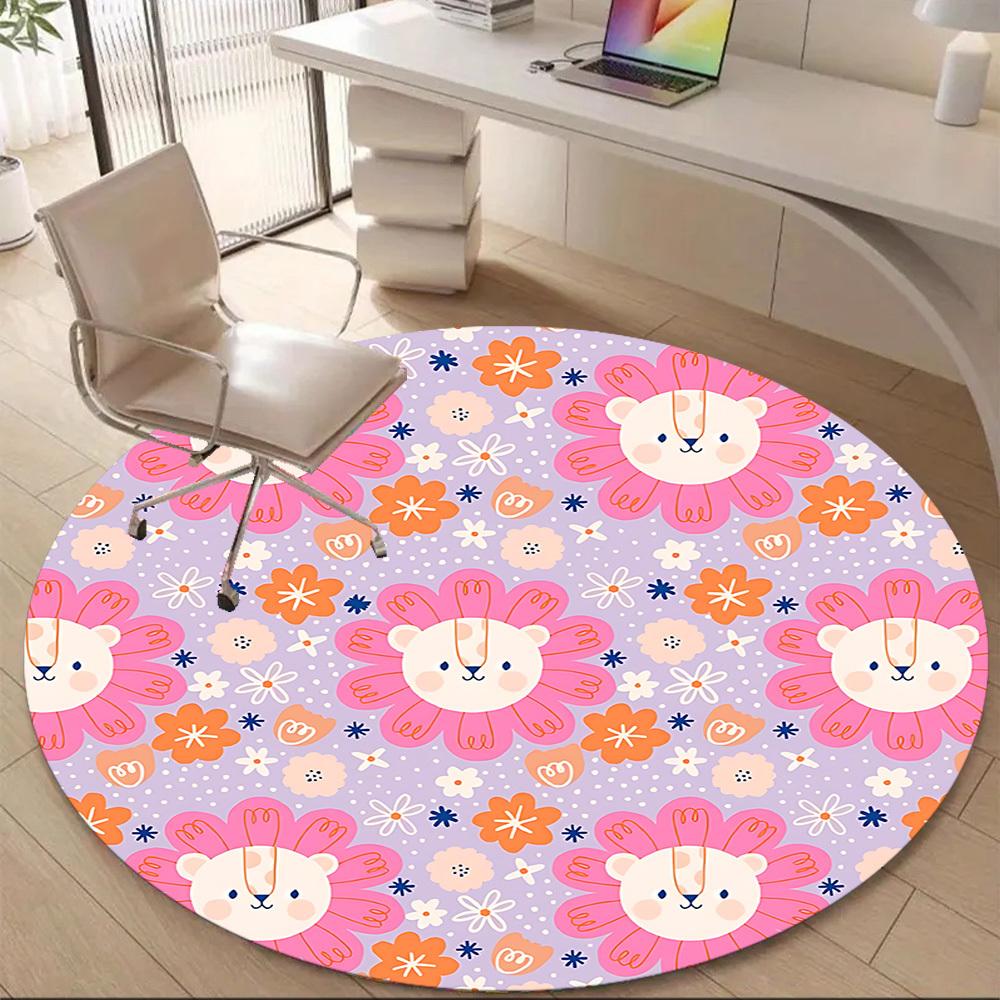 1PC Floral Lions Office Round Area Rug, Mat Suitable ForOffice, Under Office Chairs Bedroom Living Room Home Decor, Room Deco
