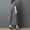 Women's Linen Blend Midi Dress Round Neck Short Sleeve Loose Pleated Waist Vintage Casual Long Dress