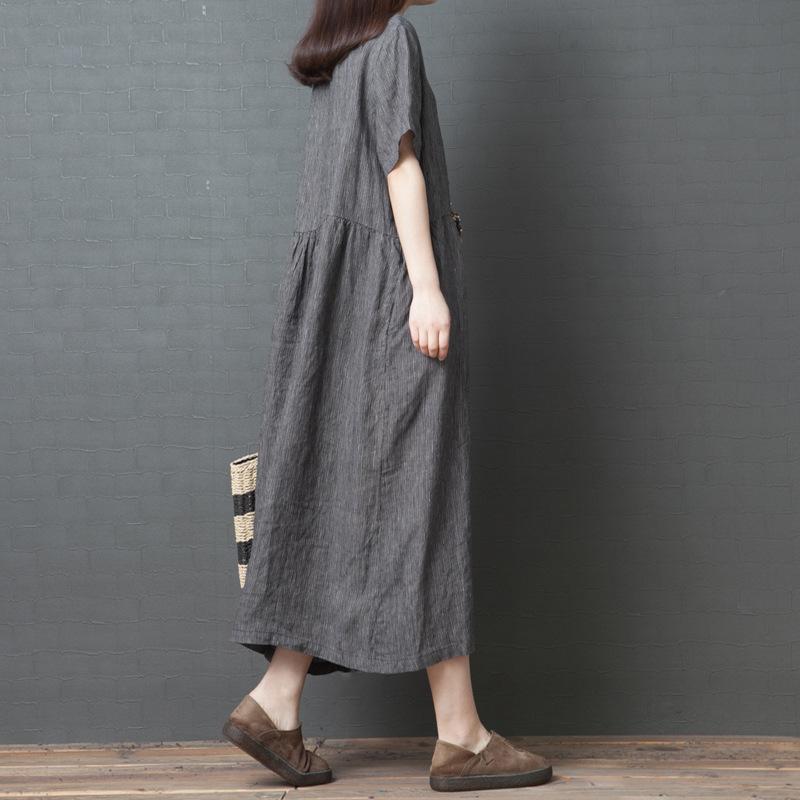 Women's Linen Blend Midi Dress Round Neck Short Sleeve Loose Pleated Waist Vintage Casual Long Dress