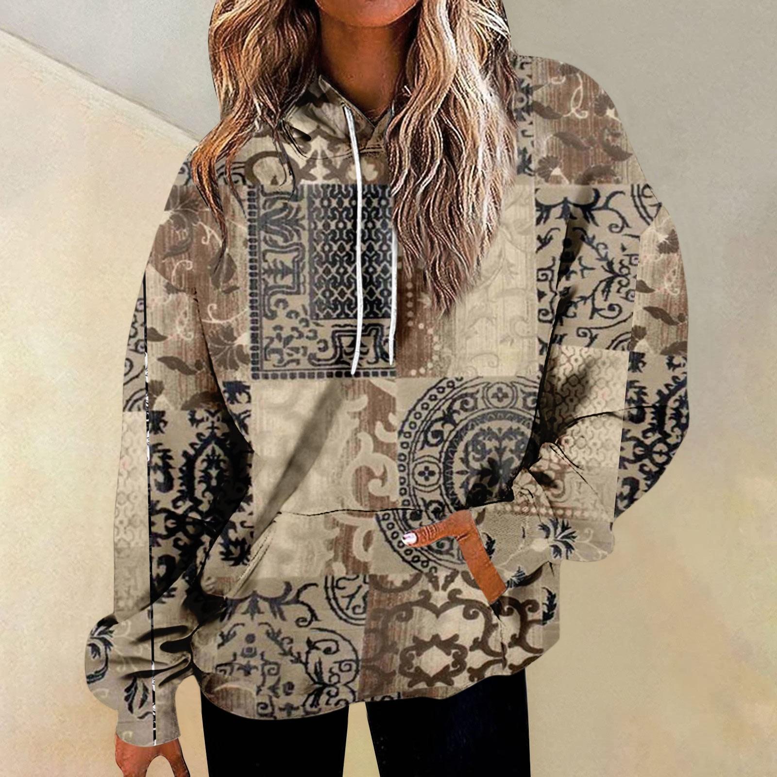 

Женская повседневная мода винтажный принт длинный рукав пуловер с капюшоном топ XXXL