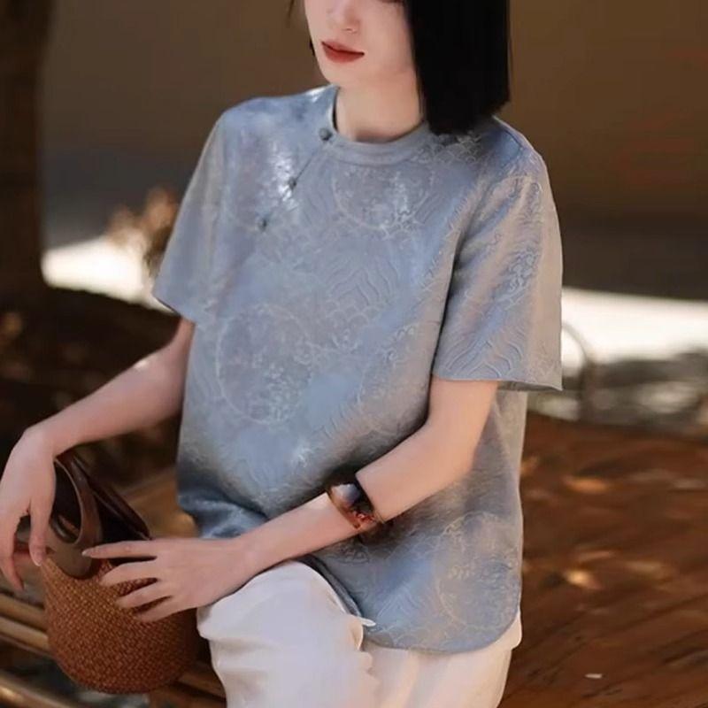 Summer and summer versatile diagonal skirt with outer temperament top, high-end blue top, women's short-sleeved shirt.