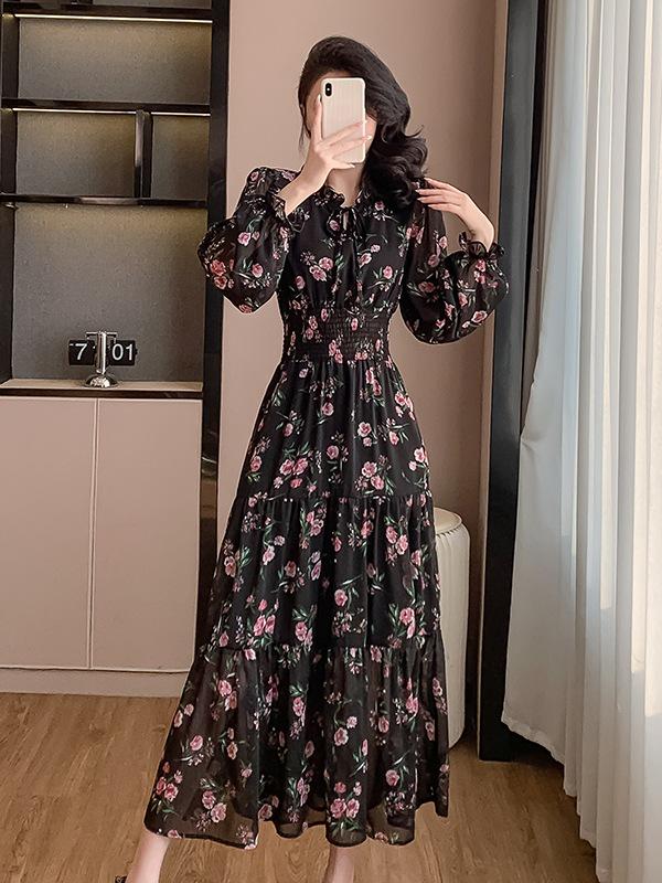 Korean Style Floral Ruffled Dress - Sweet Vacation, Waist-Cinching, Long Frilly Edge Design