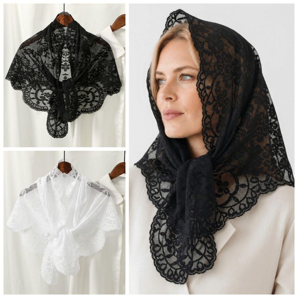 Elegant Lace Triangle Scarf Vintage Embroidered Flower Scarf Retro Wedding Headscarf Church