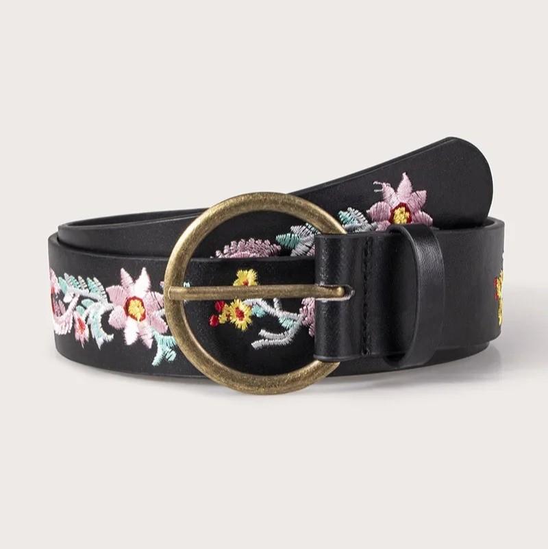 Floral Embroidered Retro Leather Belt With Antique Copper Buckle For Womens Fashion Square Buckle
